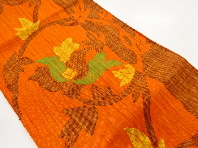 手織り真綿紬草葉模様織出し名古屋帯